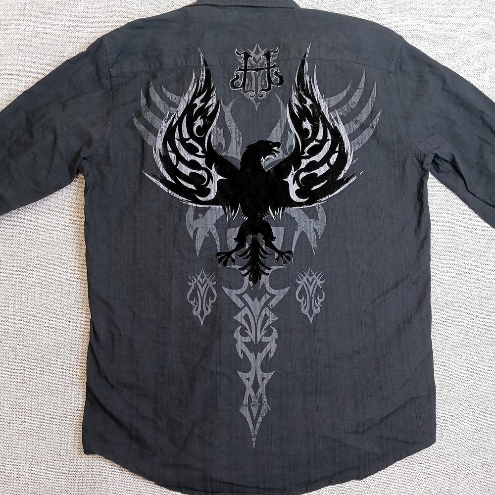 Helix Button Down Shirt Mens Large Black Excellent Eagle Tribal Graphic Edgy